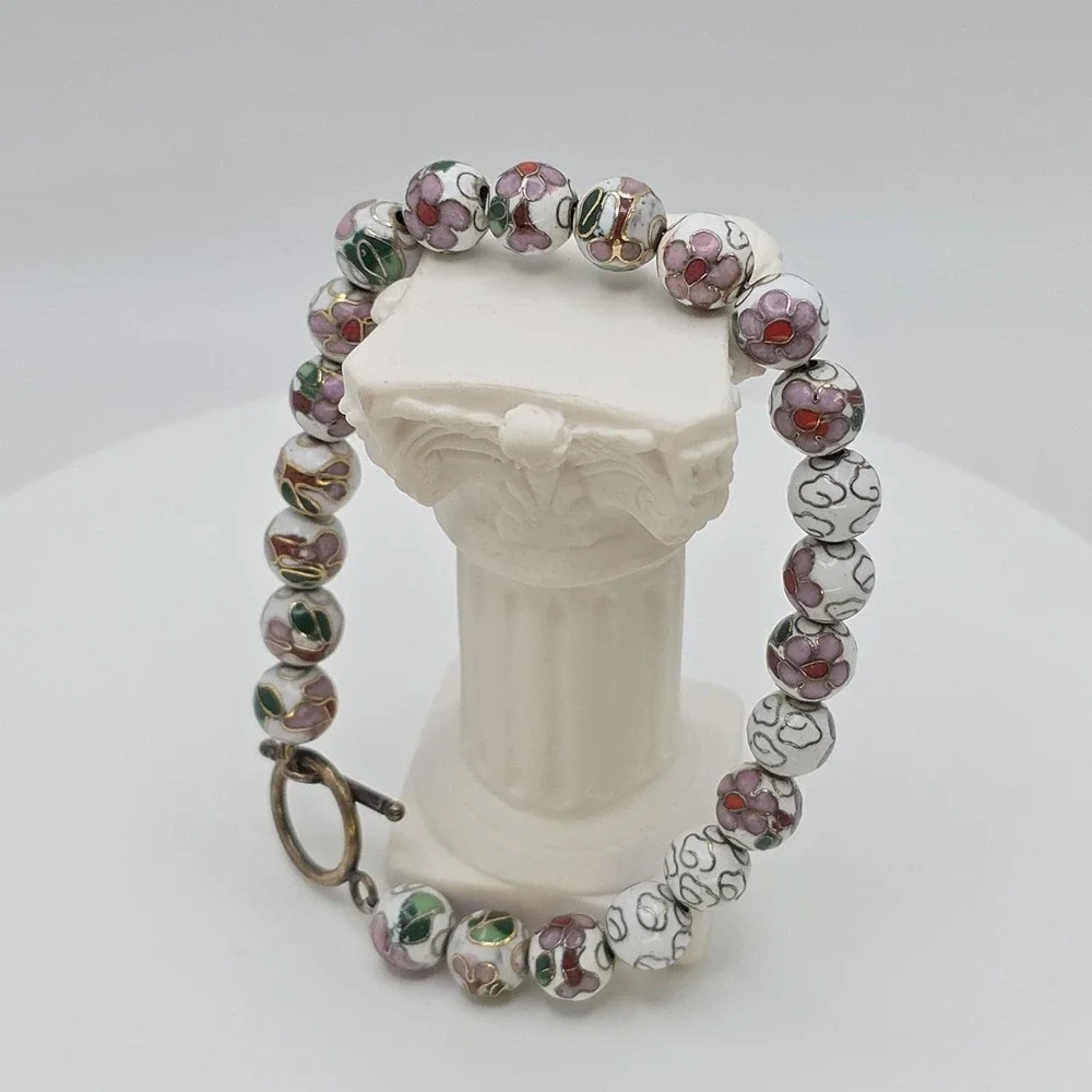 Vtg Authentic Chinese Cloisonné Bracelet Bead White Green‎ Enamel Floral 8